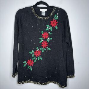 Victoria Jones Women’s Embroidered Poinsettia Christmas Sweater Beaded Size M